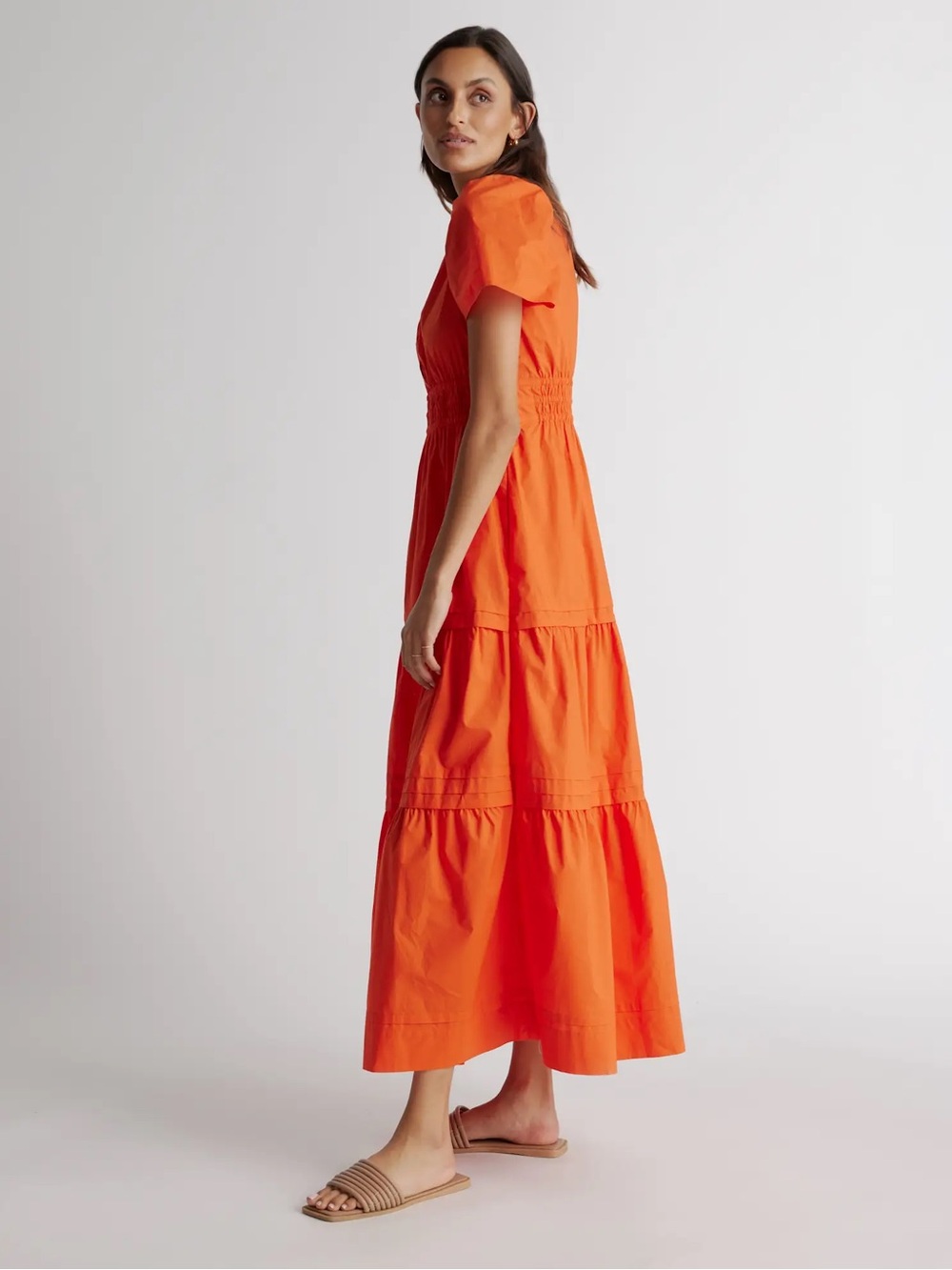 Quince Organic Poplin Cotton Tiered Maxi Dress in Vermilion Red Small Resort - Picture 6 of 14